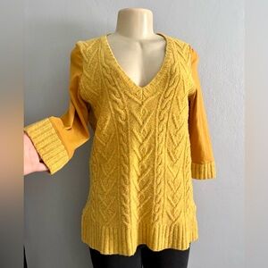 Anthropology Pilcro Mustard V-Neck Cable Knit Wool Blend Sweater, size L.